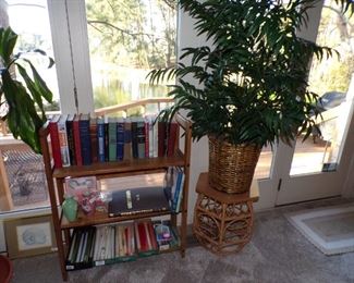 more books, small table, faux plant, etc.