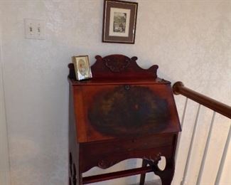 Vintage lady's slant front desk, framed art, etc.