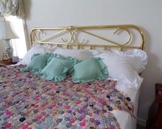 King brass headboard, linens, etc.