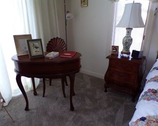 stunning dressing table/desk, shell back chair, French Bombay night table with Oriental lamp and shade, etc.
