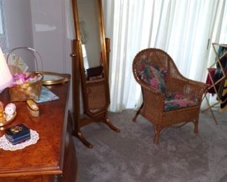 Beautiful cheval mirror, wick chair with cushions, etc.