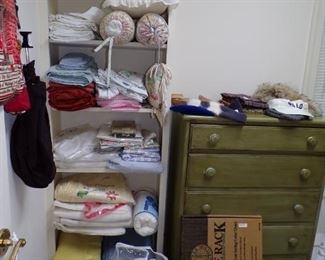 linens, painted green chest of drawers (striped it is maple), etc.