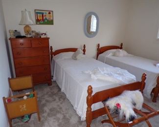 maple dresser, doll crib, 2 maple twin beds, etc.