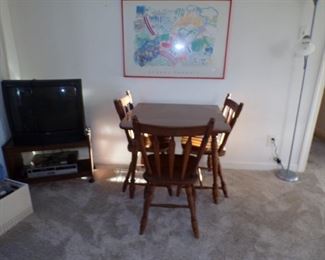 maple dropleaf table with 3 chairs, etc,