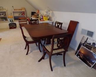 Duncan Phyfe dining room table with 1 leaf and 4 chairs, etc.