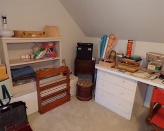 Singer Featherweight sewing machine, sewing items, craft items, etc.