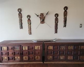 Arte de Mexico paint of low servers.  Hand painted panels with iconic gilt and color.