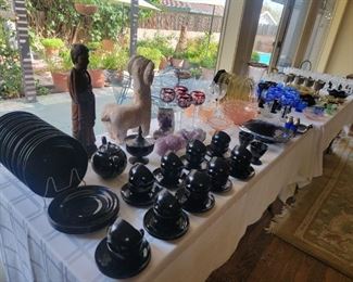 Black Amethyst and black depression glass. Large collection of Old Colony Pink.  Manhattan and Madrid patterns. Bohemian crystal jewel colors cut to clear.