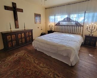 Arte de Mexico dresser and bedside cabinets with beautiful hand painted iconic gilt and color panels.  Candelabrum table lamps, a pair. 