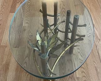 Mid-Century Modern Brass Brutalist Style and Thick Glass Top Coffee Table (Lotus)