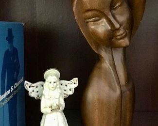 Angel Figurine and Wooden Bust 