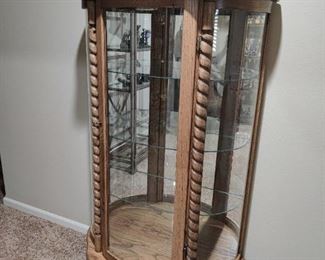 3 - TIER LIGHTED WOOD & GLASS DISPLAY CABINET WITH KEY AND BARLEY TWIST ACCENTS - $150