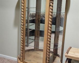 3 - TIER LIGHTED WOOD & GLASS DISPLAY CABINET WITH KEY AND BARLEY TWIST ACCENTS - $150