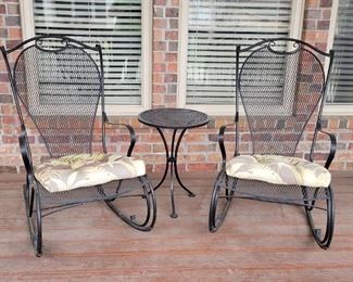 PAIR OF VINTAGE IDUSTRIAL METAL ROCKERS W/CUSHIONS - RETAILS FOR $960 EACH, OUR PRICE IS $125 - Condition: Good Wear consistent with age and use. Industrial Style - intentional industrial primitive look, weld marks, grind marks, dents, scratches, discolorations are all part of industrial look, and are not considered damage. - Dimensions: Height: 39.5 in (100.33 cm)Width: 22 in (55.88 cm)Depth: 34 in (86.36 cm)Seat Height: 16.5 in (41.91 cm)