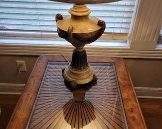 UNIQUE QUALITY FURNITURE MADE IN MADE IN GREENSBORO, NC....DECORATIVE WOODEN & GLASS TOP END TABLE.....(SCHANDIG END TABLES SELL RETAIL $600) .......OUR PRICE $100