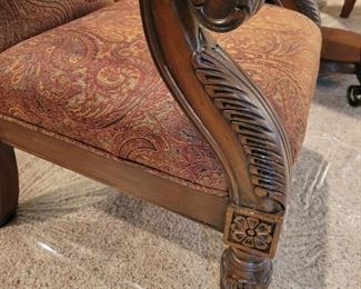 ASHLEY BRAND - DECORATIVE SITTING CHAIR W/UPHOLSTERED PAISLEY SEAT & BACK ALONG WITH CARVED WOOD DETAIL - RETAILS FOR $395, OUR PRICE IS $175