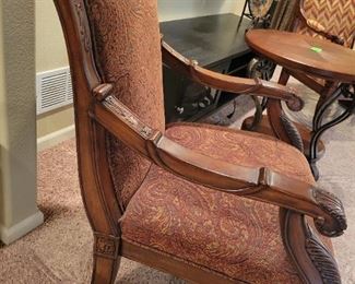 ASHLEY BRAND - DECORATIVE SITTING CHAIR W/UPHOLSTERED PAISLEY SEAT & BACK ALONG WITH CARVED WOOD DETAIL - RETAILS FOR $395, OUR PRICE IS $175
