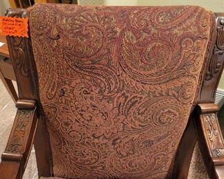 ASHLEY BRAND - DECORATIVE SITTING CHAIR W/UPHOLSTERED PAISLEY SEAT & BACK ALONG WITH CARVED WOOD DETAIL - RETAILS FOR $395, OUR PRICE IS $175