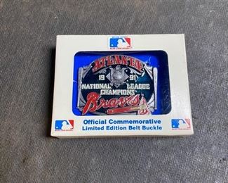 c.1991 Atlanta BRAVES National Champions, Pewter Belt Buckle, Official Commemorative, Limited Edition, Serial #547 of 10,000, Dated, Signed, with Cert of Authenticity, Mint in Orig Box