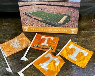 c.2014, Tennessee Vols 22" x 33", Neyland Stadium on Canvas, and 4 Vintage Window Flags, one from 1999 Fiesta Bowl 