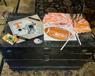 Vintage TN VOLS Magnetic Decals, Light Switch, and Pom-Poms, as well as an Antique Black Trunk