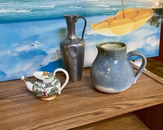DAMSON Mini Hand Painted Teapot, HOLLAND Metal Pitcher, and a 6" Signed MARSH POTTERY Blue Glazed Pitcher 