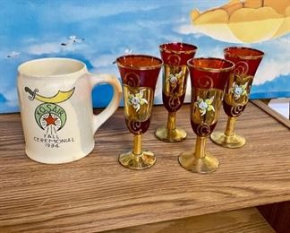 Set of 4 Vintage Italian MURANO Ruby Red and 24KT Gold Cordials and c.1939 EASTERN STAR Ceramic Mug