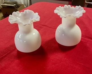 Pair of Mid Century Modern, 5-1/2" White Milk Glass Vases with Crimped and/or Ruffled Edges