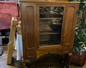 c.1940's China Cabinet with Front Recessed Panels, Scalloped Bottom Drawer, Wooden Adjustable Shelves and Scalloped Top Back Edge 