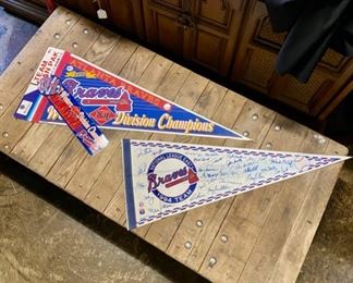 c.1992 Atlanta BRAVES Western Division Champions Felt Pennant in orig packaging, Bumper Sticker and Pin-on-Button, and a c.1994 Atlanta Braves National League East Autographed Collectors Pennant with Players Signatures 
