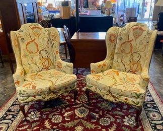 Two Antique Embroidered Wing Back Chairs