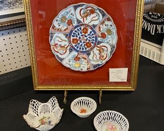 Vintage Hand Painted Porcelain Plate Displayed in a Gold Shadow Box with Red Velvet 