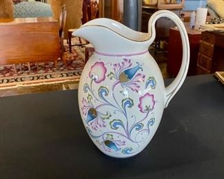 ITALY, 16" Porcelain HAND PAINTED and SIGNED Pitcher with Gold Trim