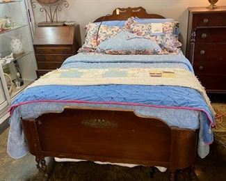 Late 1800's Mahogany Full Size Bed with Hand-Painted Motif on Head board and Curved Footboard