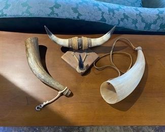 Vintage Scottish Hunting Bovine Drinking Horns and a Small Horn Mount