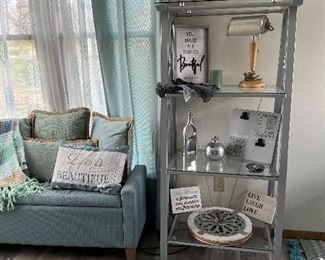 3 Tier Metal & Glass Shelf - 601/4H  x  271/4" x 17"D, rugs, seafoam storage bench