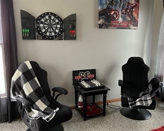 Gaming chairs, electronic dart board, chess/checkers game