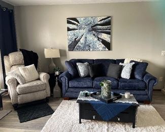 LaZboy 3 cushion Navy Sofa - Like New, coffee table, off white area rug