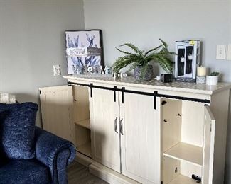 Cream Sliding  Barn door style entertainment center/media cabinet with fireplace insert 40 1/4" H x 68 1/4" W X 15 1/2" D - FIREPLACE 28"w X 22 3//4" h