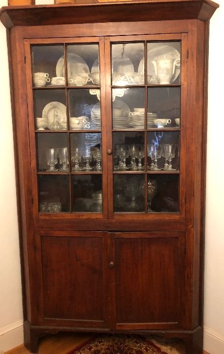 Early Local Handmade Walnut 16 Pane Corner Cupboard 