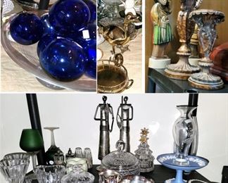 Unique home decor: Cobalt globes, carved candlesticks, pewter and Wedgewood
