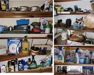 Home care products and tools - camping items (tent, canteens). Old license plates