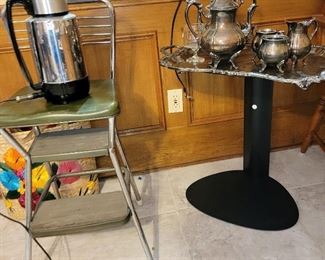 Contemporary side table, retro step stool and silverplate tea set