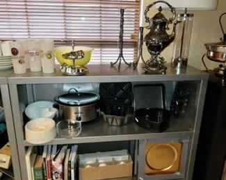 Stainless steel shelf. Baking supplies, cookbooks, chargers, crockpots