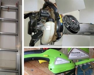 House care items: gas blower, electric trimmer.  Many many ladders