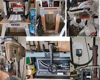 Power Tools: Rotary Tools, Joiner Planer, Plunge Router, Planer, Ryobi Biscuit Joiner, Delta Builder's Saw, Milwaukee saw, Utility Drills, Bench driver. Hollow Chisel Mortiser, Band Saw, Grinder Sander, Drill Press