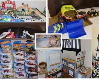 toys: Monster Car track and cars, Kidcraft Rocket, Hot Wheels and Hot Wheel track, Kidcraft Train Table with trains and accessories - all in like new condition