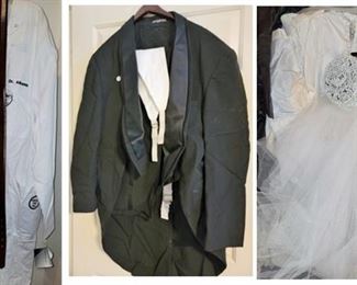 Men's tails, 1950s wedding dress and men's costumes