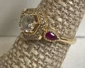 14k Diamond & Ruby Teardrop Hexagon Ring