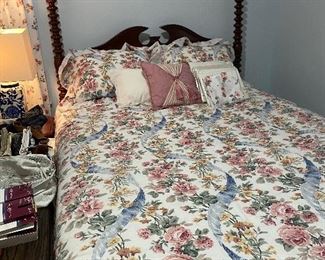 Lillian Russell Full XL Bed with new mattress- bedding and drapes included- Cherry Finish